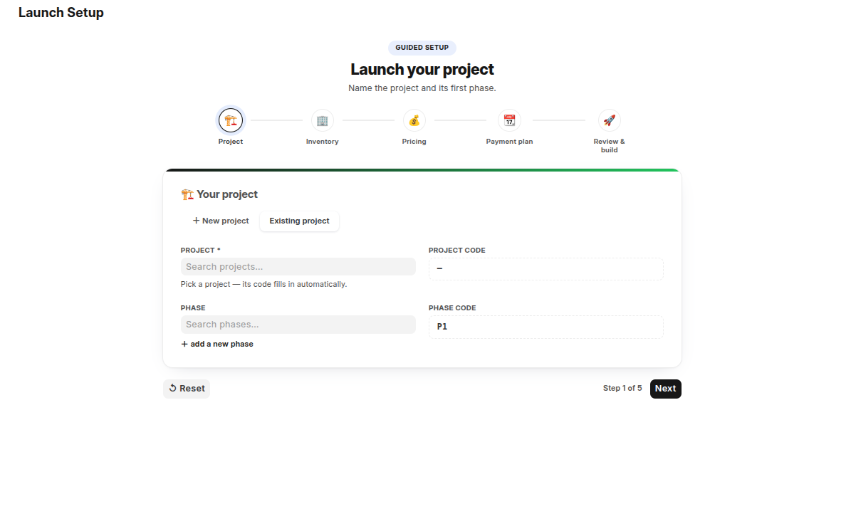 Guided launch setup, stepping through project, inventory, pricing, payment plan and review.