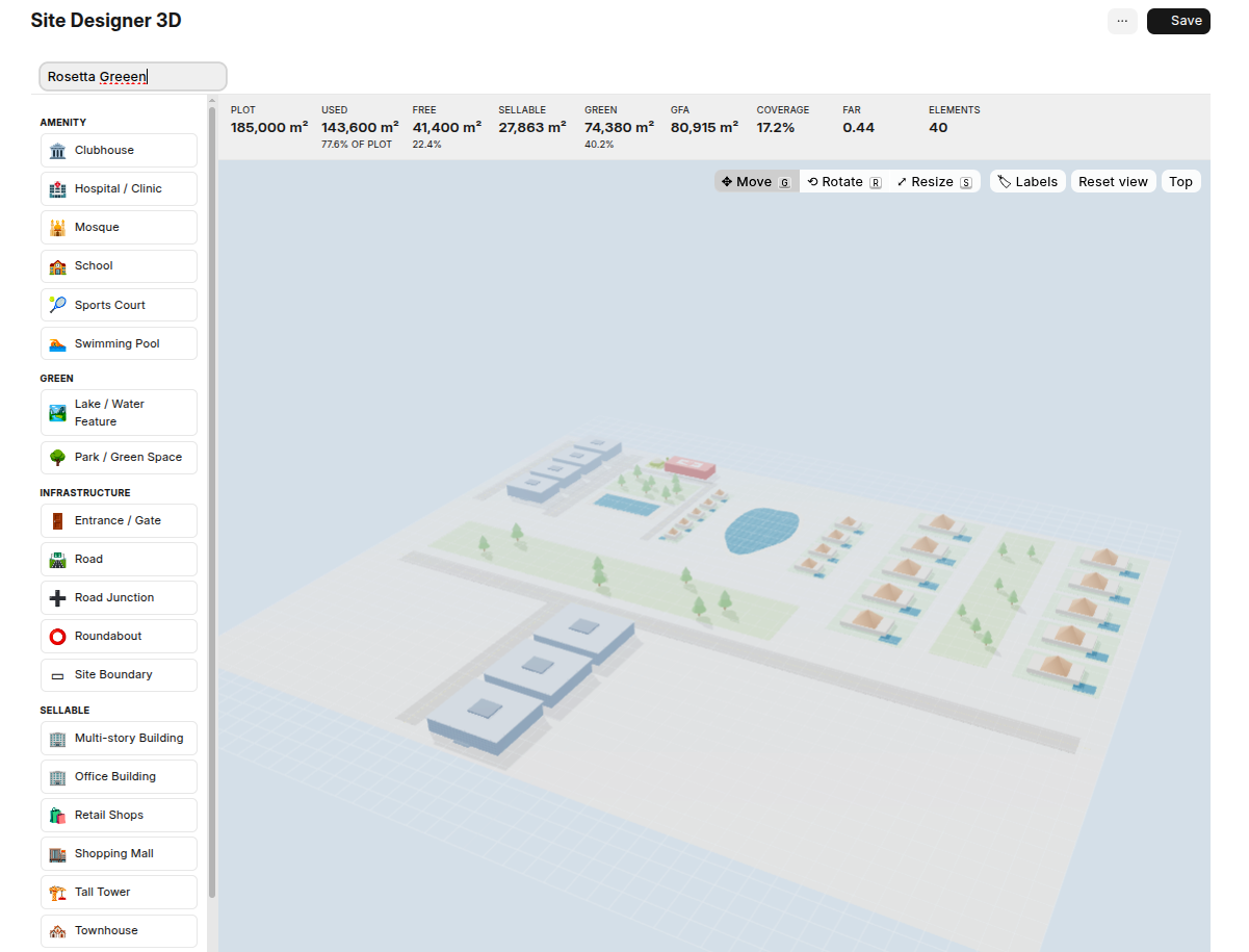 Site Designer 3D: an element palette beside a three-dimensional masterplan, with plot, sellable area, GFA, coverage and FAR totalled above it.